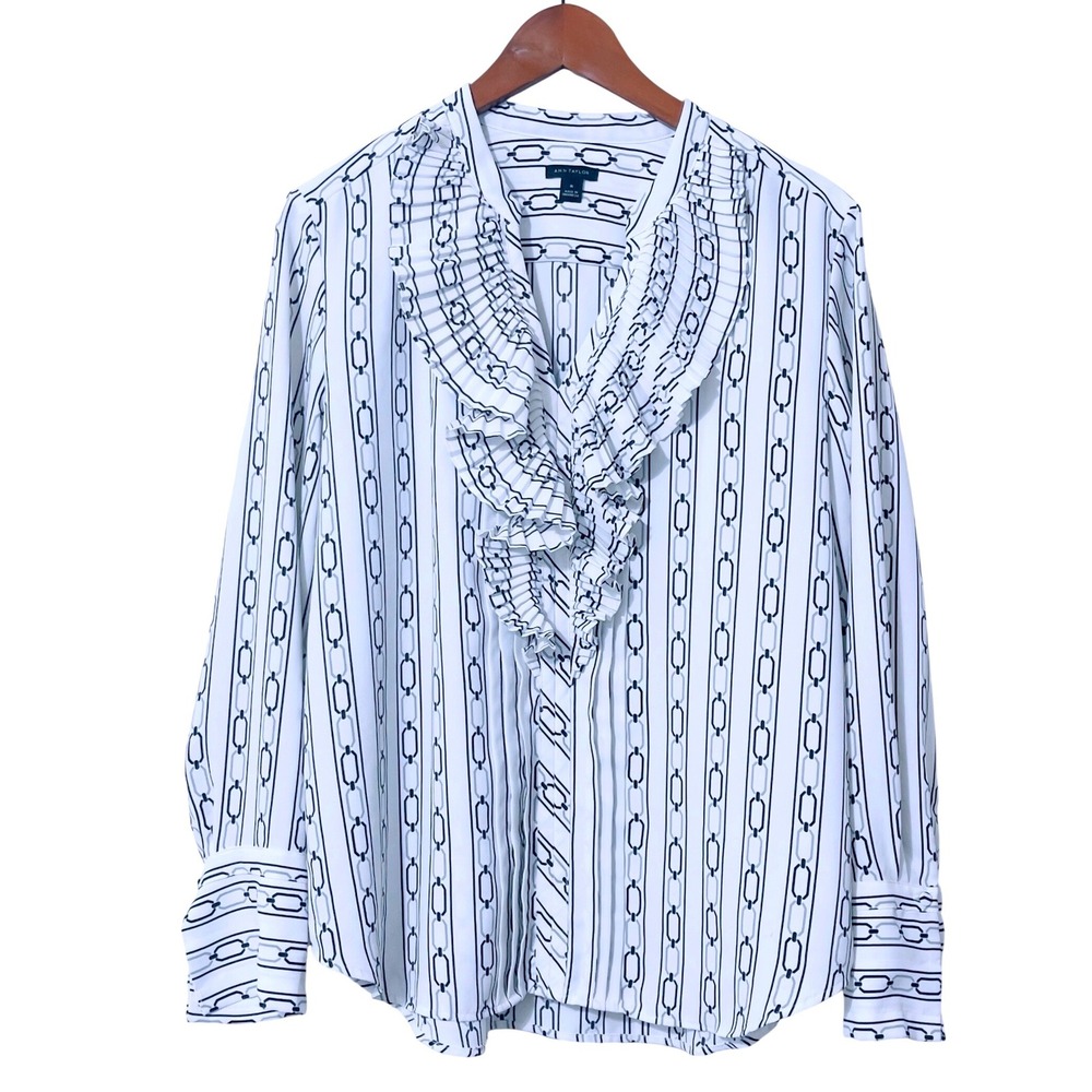 Ann Taylor Women Blouse M White Black Chain Print Ruffle Neck Long Sleeve Moern